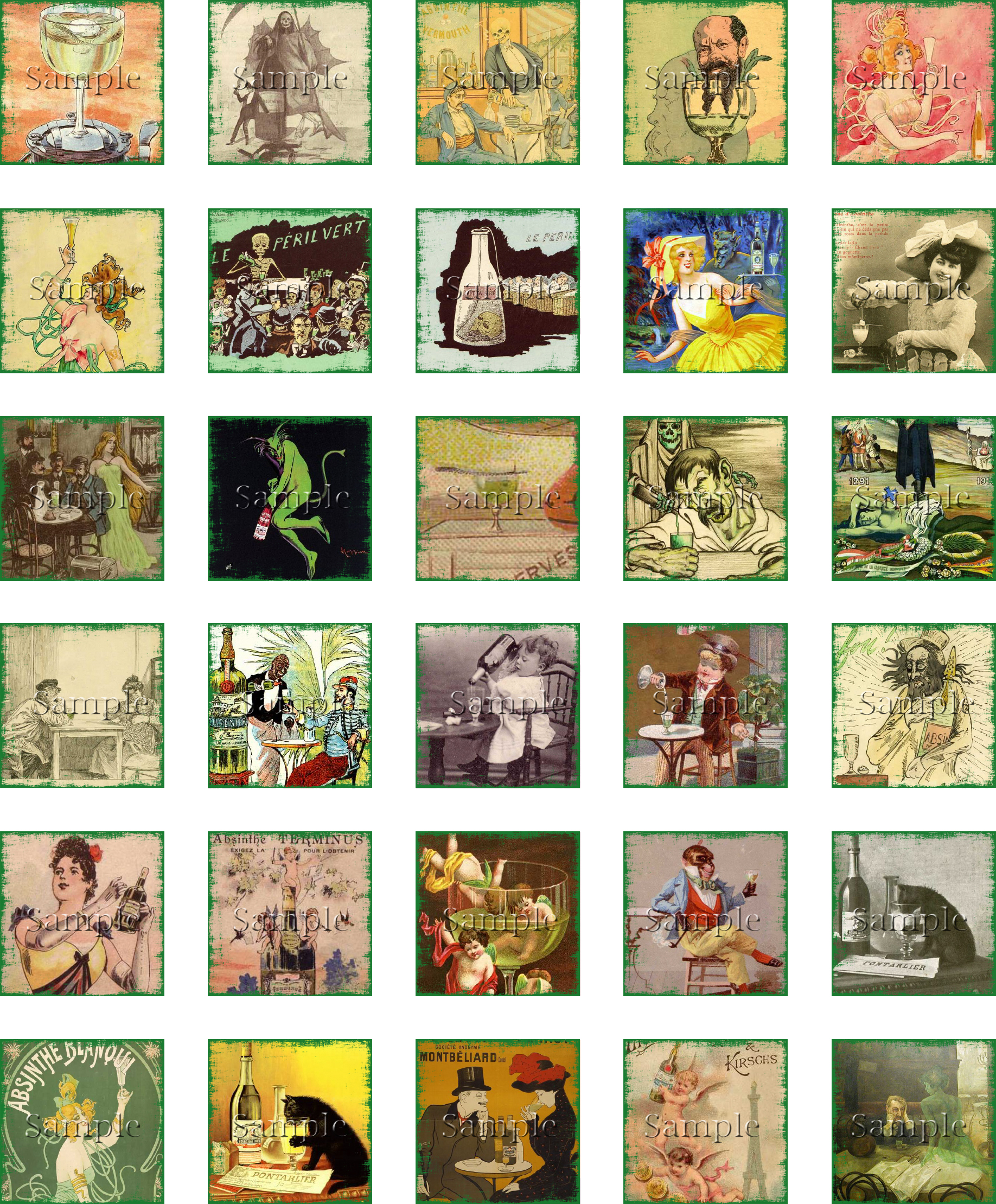 1 Inch Square Digital Collage Sheet - Vintage Absinthe