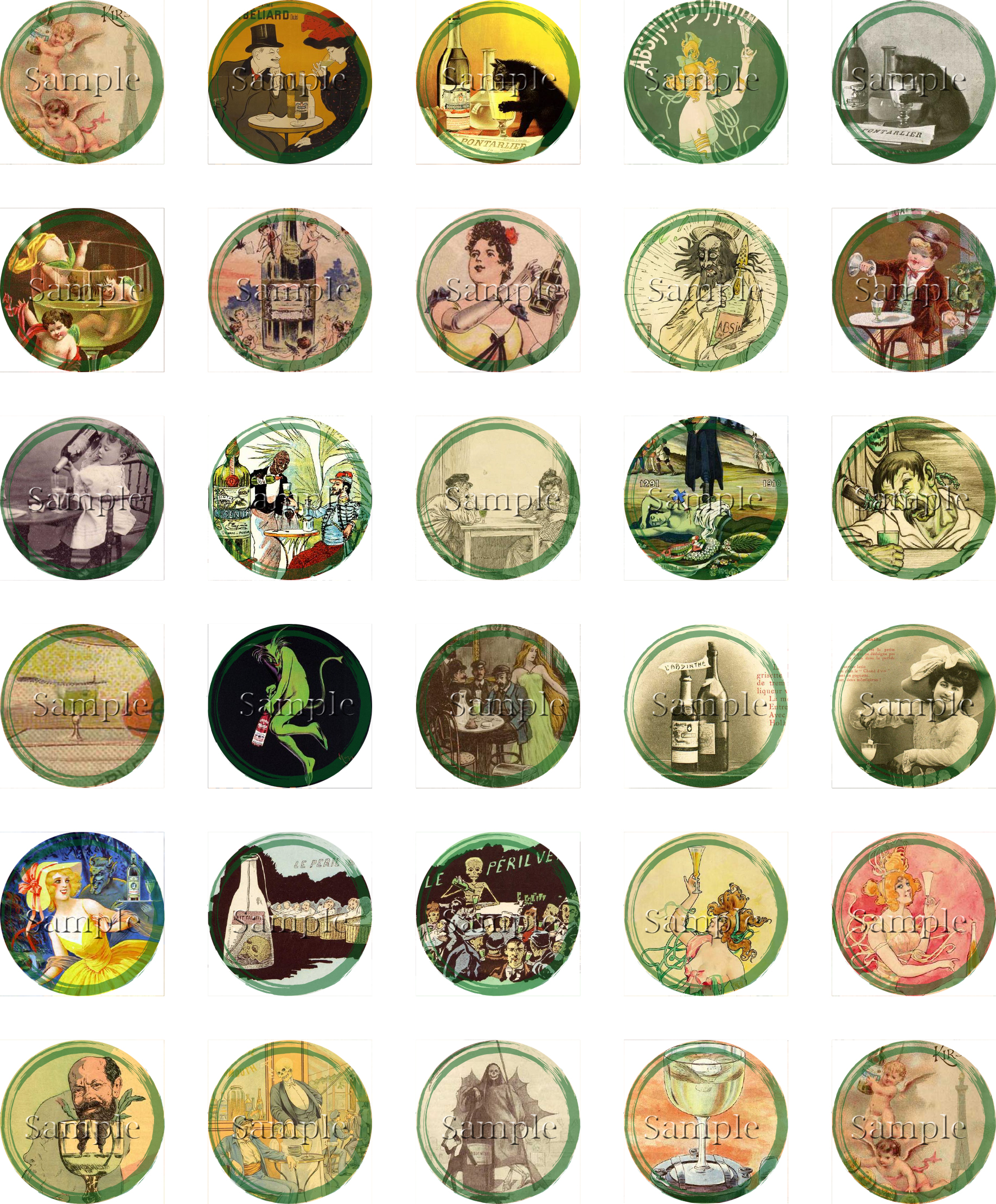 1 inch circle digital collage sheet - vintage absinthe